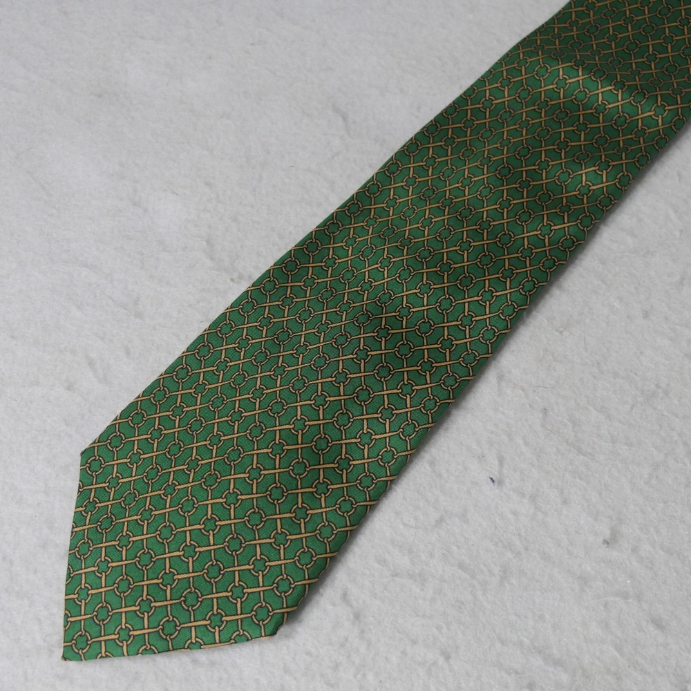 Ruggeri Mens Silk Necktie OS Green Gold Geometric Chain Link Italian Luxury Tie